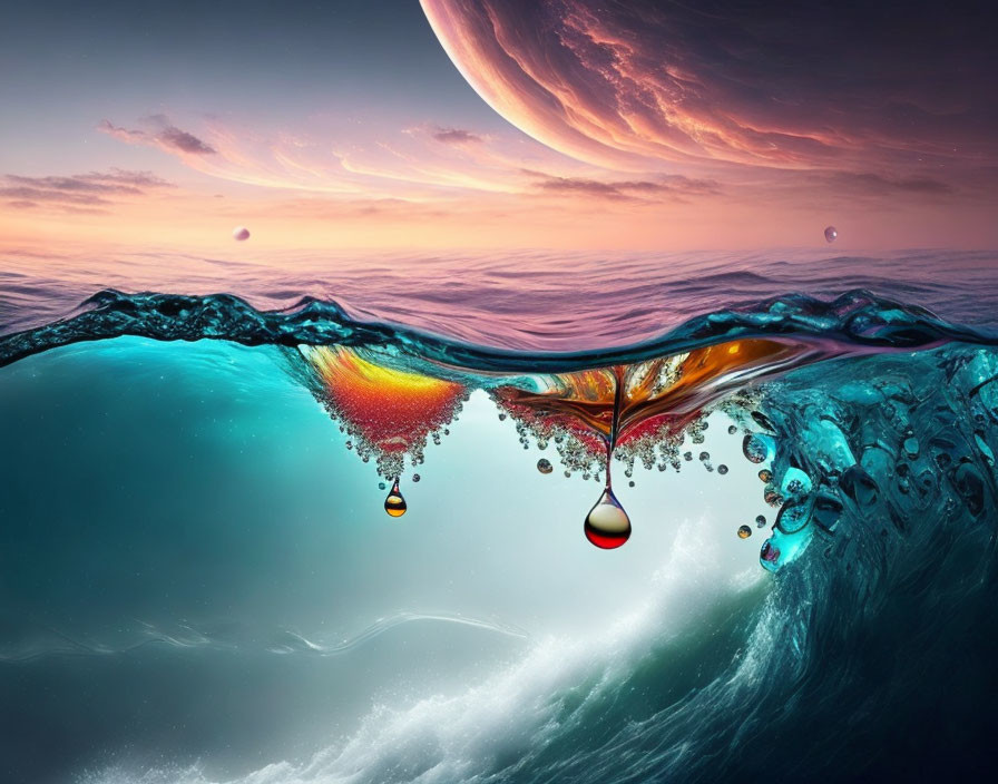 Vibrant surreal seascape with large planet backdrop