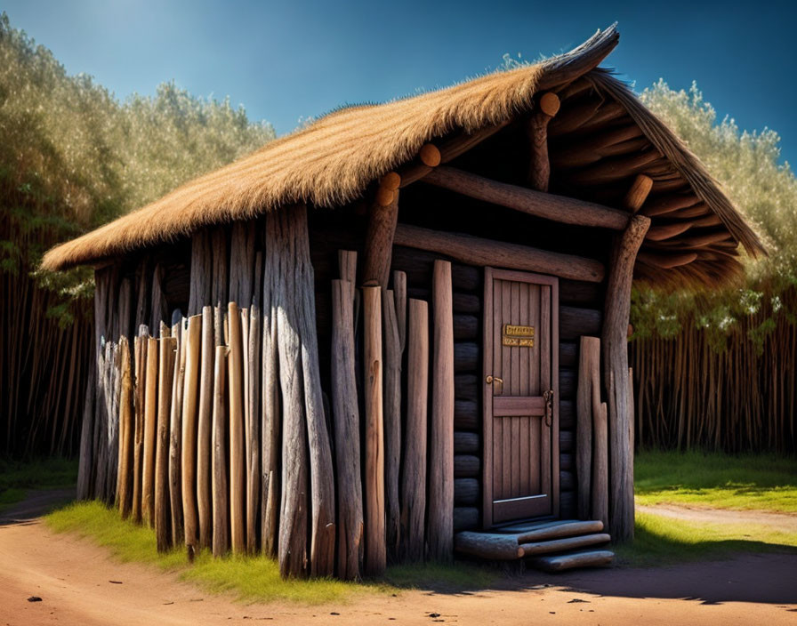 Rustic wooden hut with thatched roof, sturdy door, sign, wood fence, greenery