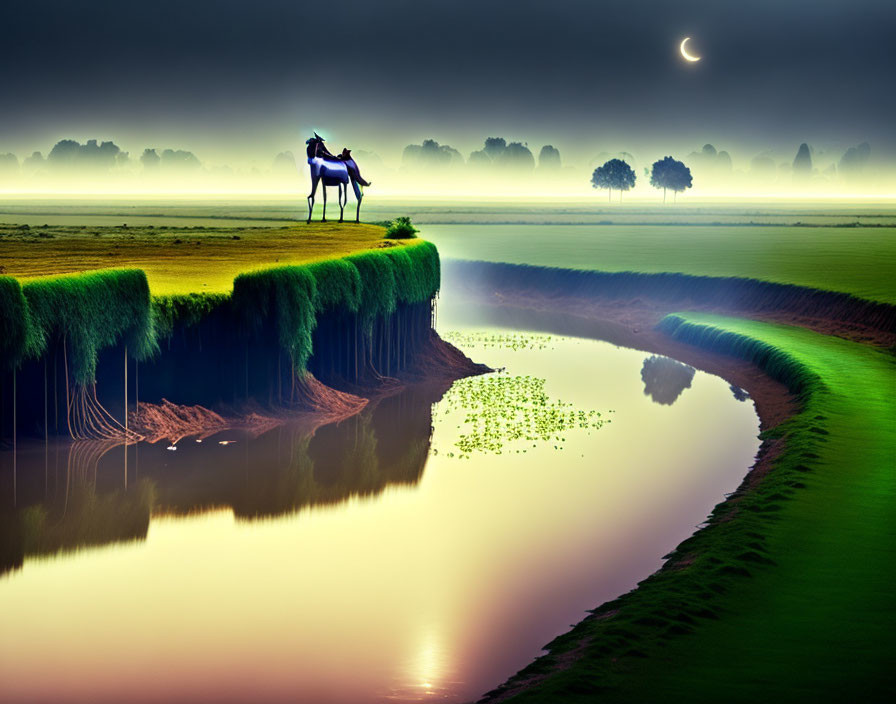 Equestrian scene with crescent moon over misty river