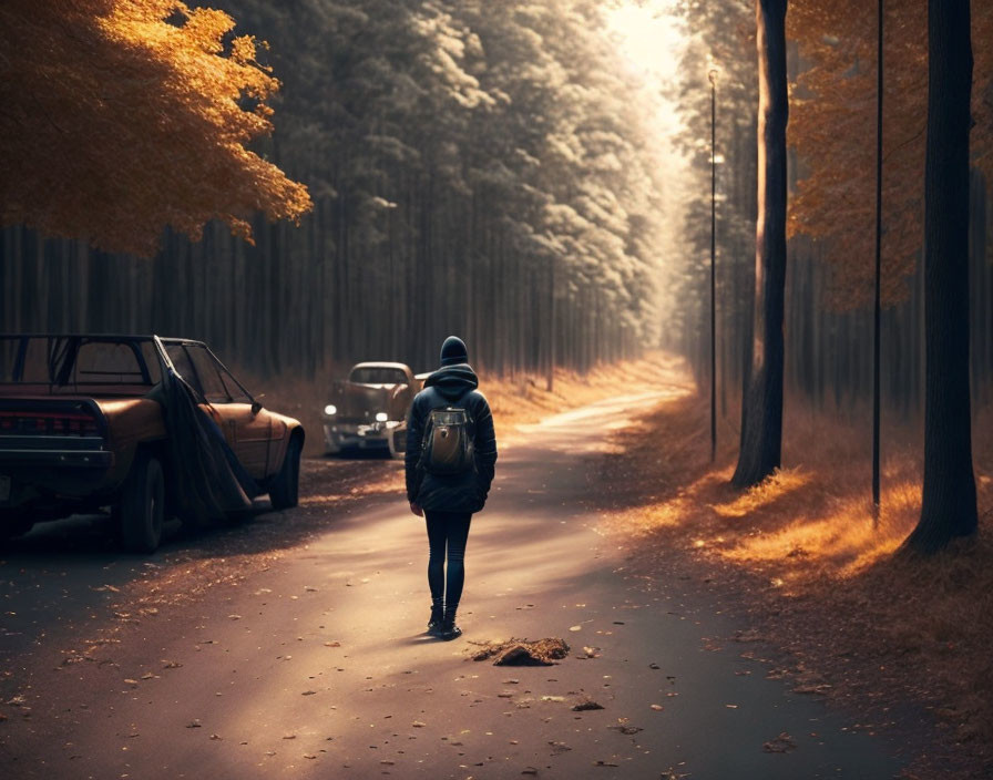 Person walking on forest road with vintage cars and autumn leaves