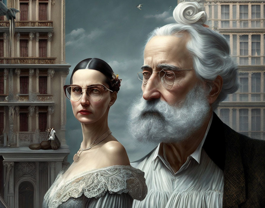 Vintage-style portrait of stern woman & pensive man against architectural backdrop.