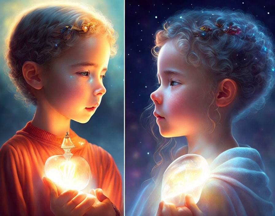 Digital artwork featuring two child profiles in contrasting warm and cool light with lightbulb and glowing orb.