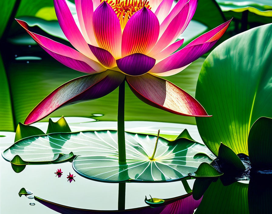 Pink Lotus Flower Blooming on Green Lily Pads in Tranquil Water