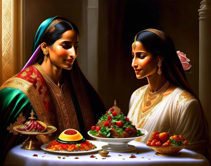 Traditional Indian Attire Women Enjoying Fruits and Sweets