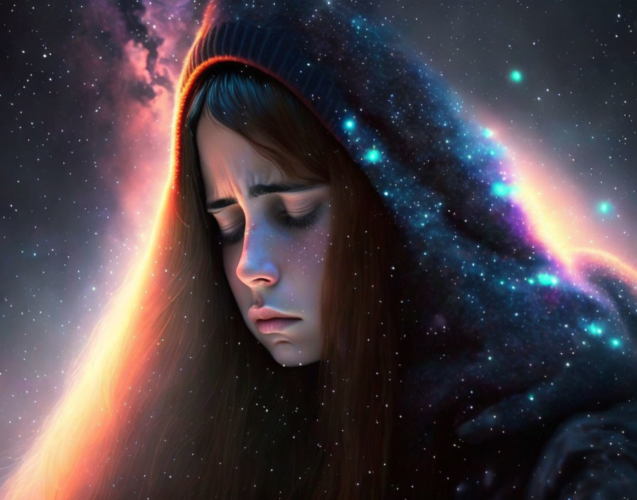 Hooded figure blending with cosmic starry background