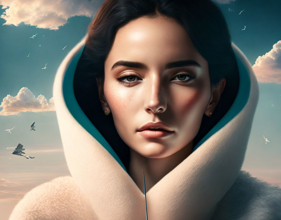 Digital artwork of woman in white cloak under bird-filled sky