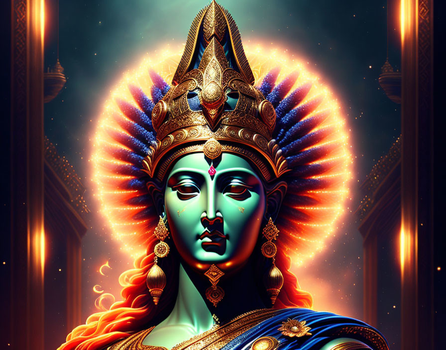 Four-faced deity digital artwork with fiery orange mane and golden crown in mystical temple.