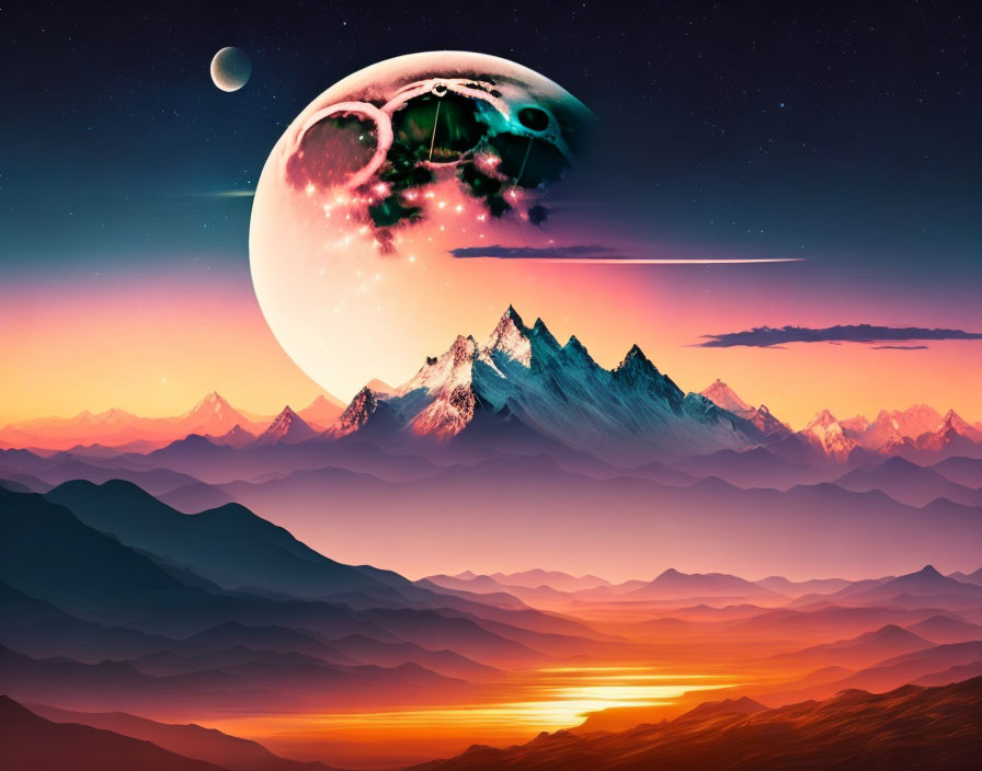 Layered mountains, sunset hues, fantasy planet, moon, shooting star landscape