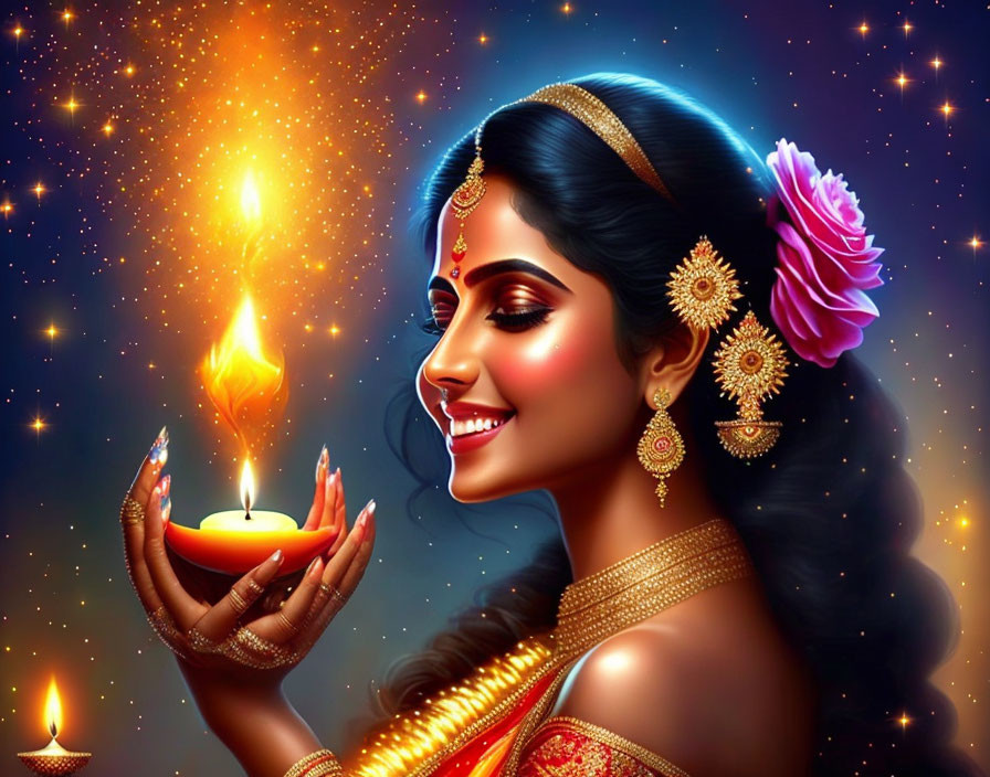 Illustration of Woman with Ornate Headpiece Holding Diya Against Starry Background