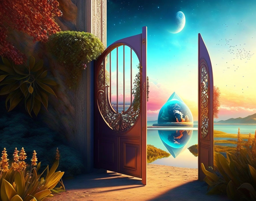 Ornate Doors Revealing Fantastical Sunset Scene