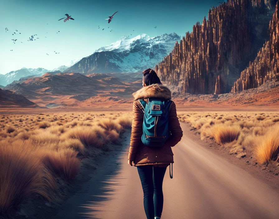 Person in warm clothing walking in barren landscape with snowy mountains and birds in sky