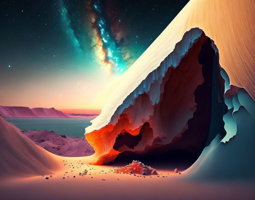 Vibrant surreal landscape: wave-shaped sand against ethereal night sky