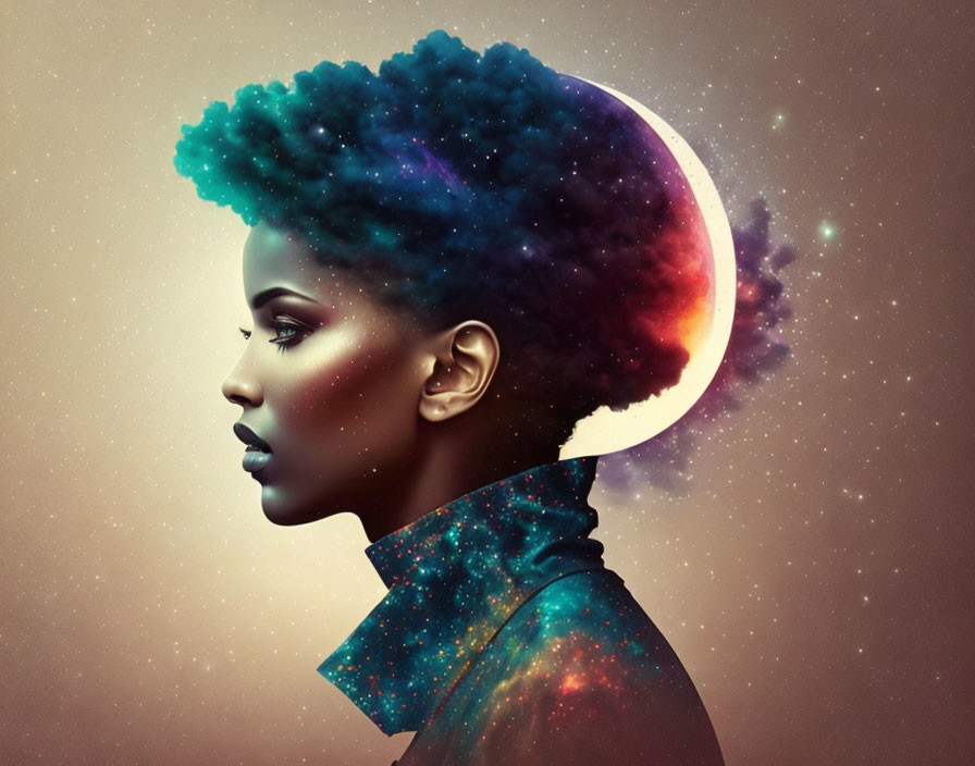 Surreal portrait: Woman's afro merges with cosmic scenery