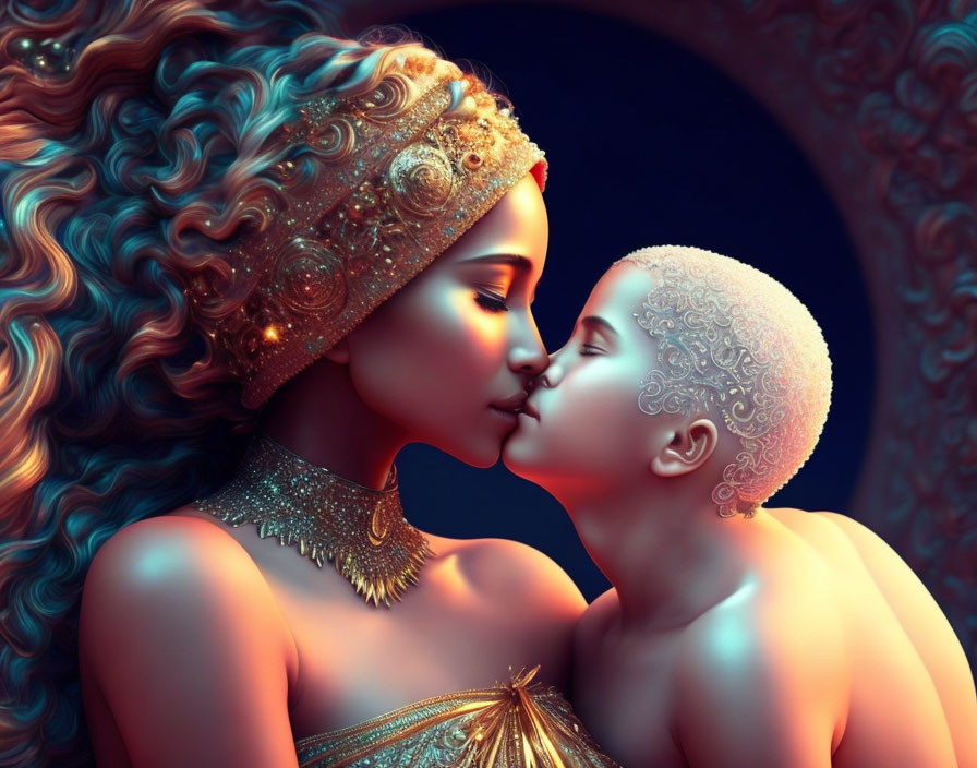 Digital artwork: Woman in gold jewelry kissing child with ornate skin patterns on warm background