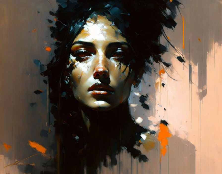 Abstract Stylized Portrait of Woman with Expressive Eyes in Black, White, and Orange