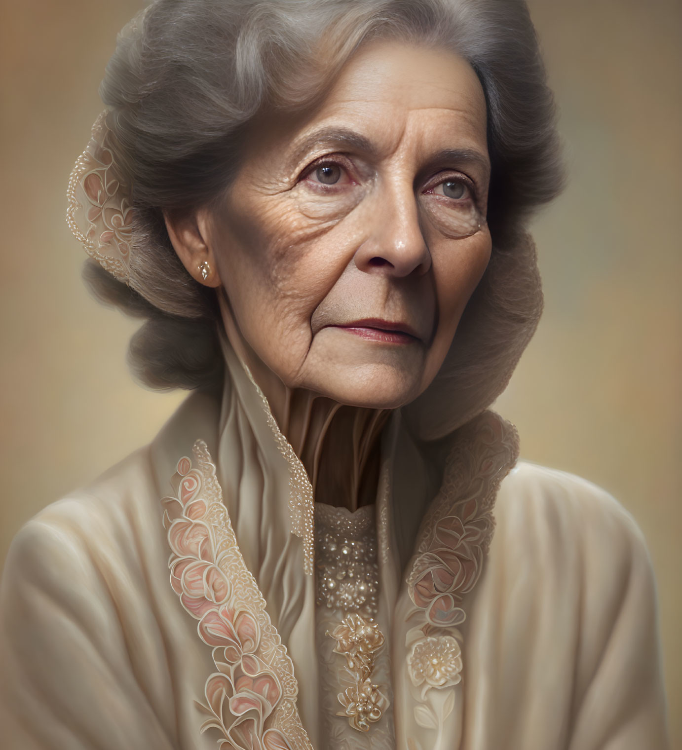 Grey-haired elderly woman in beige blouse and pearl earrings gazes away.