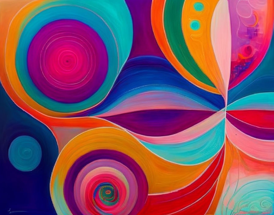 Colorful Abstract Painting with Swirling Circles and Waves