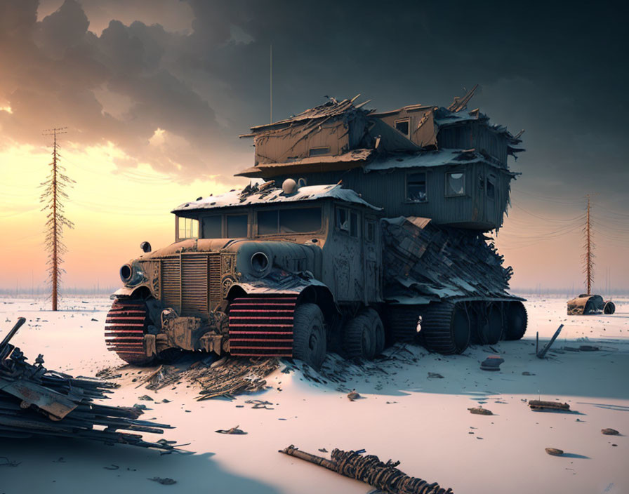 Armored vehicle in snow-covered post-apocalyptic landscape