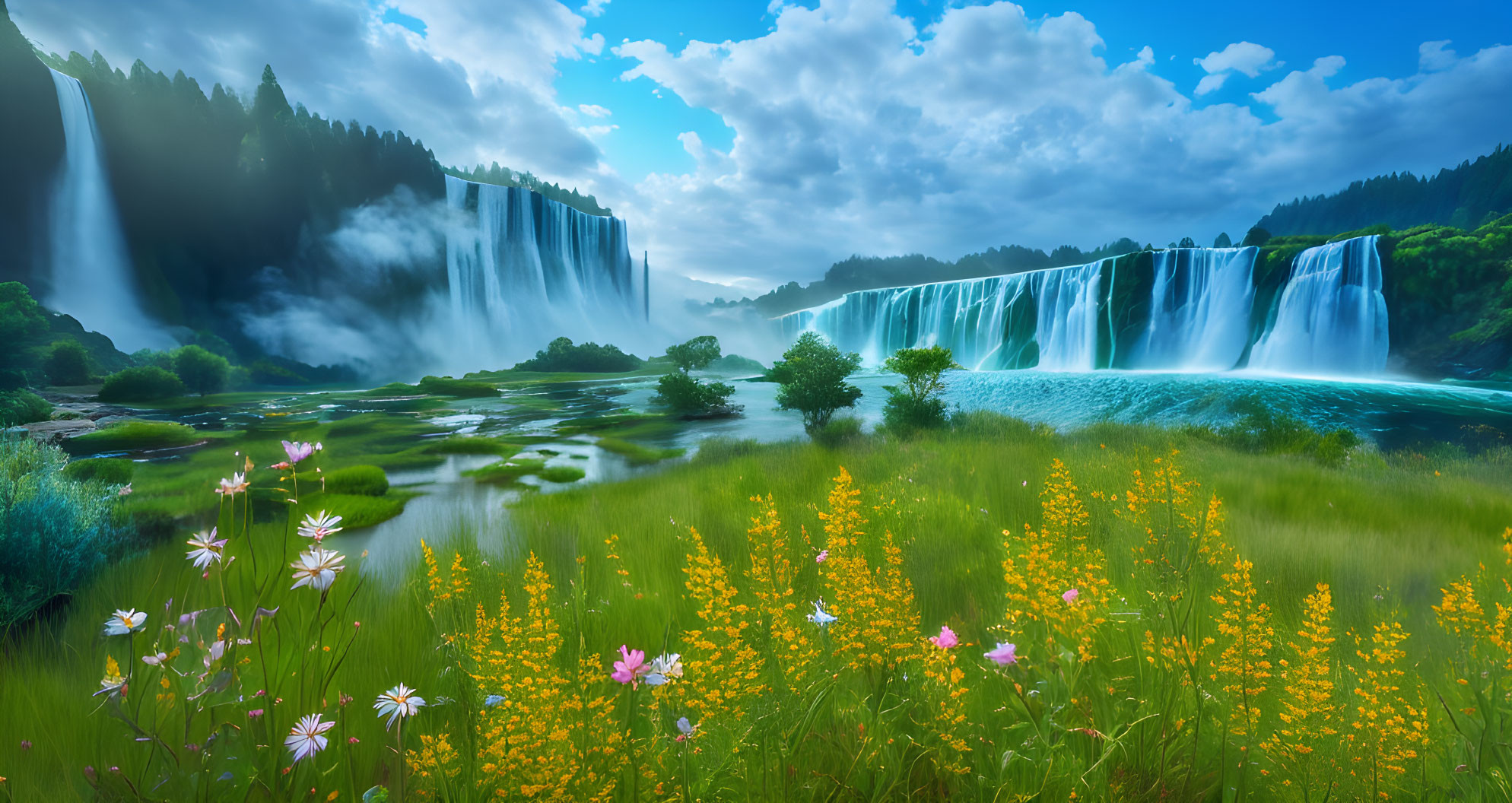 Wide Waterfall Surrounded by Lush Greenery and Wildflowers