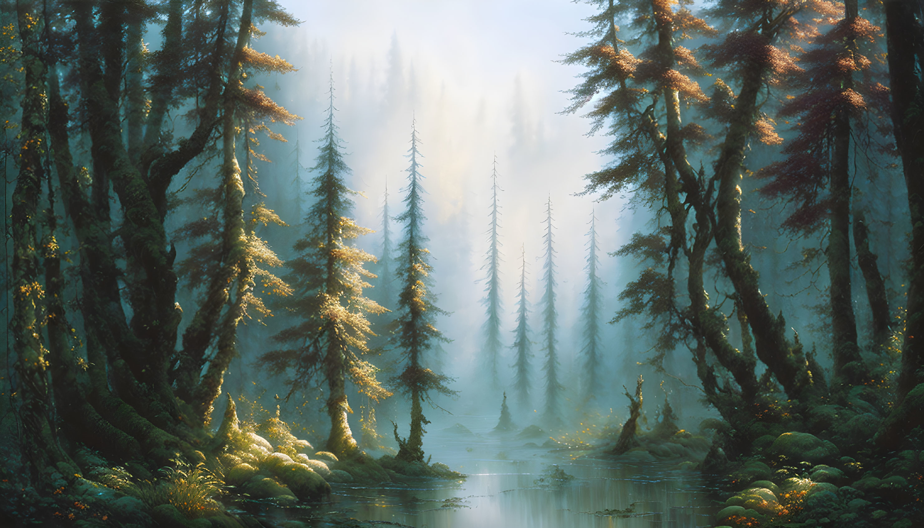 Misty forest landscape with tall evergreens and serene water body