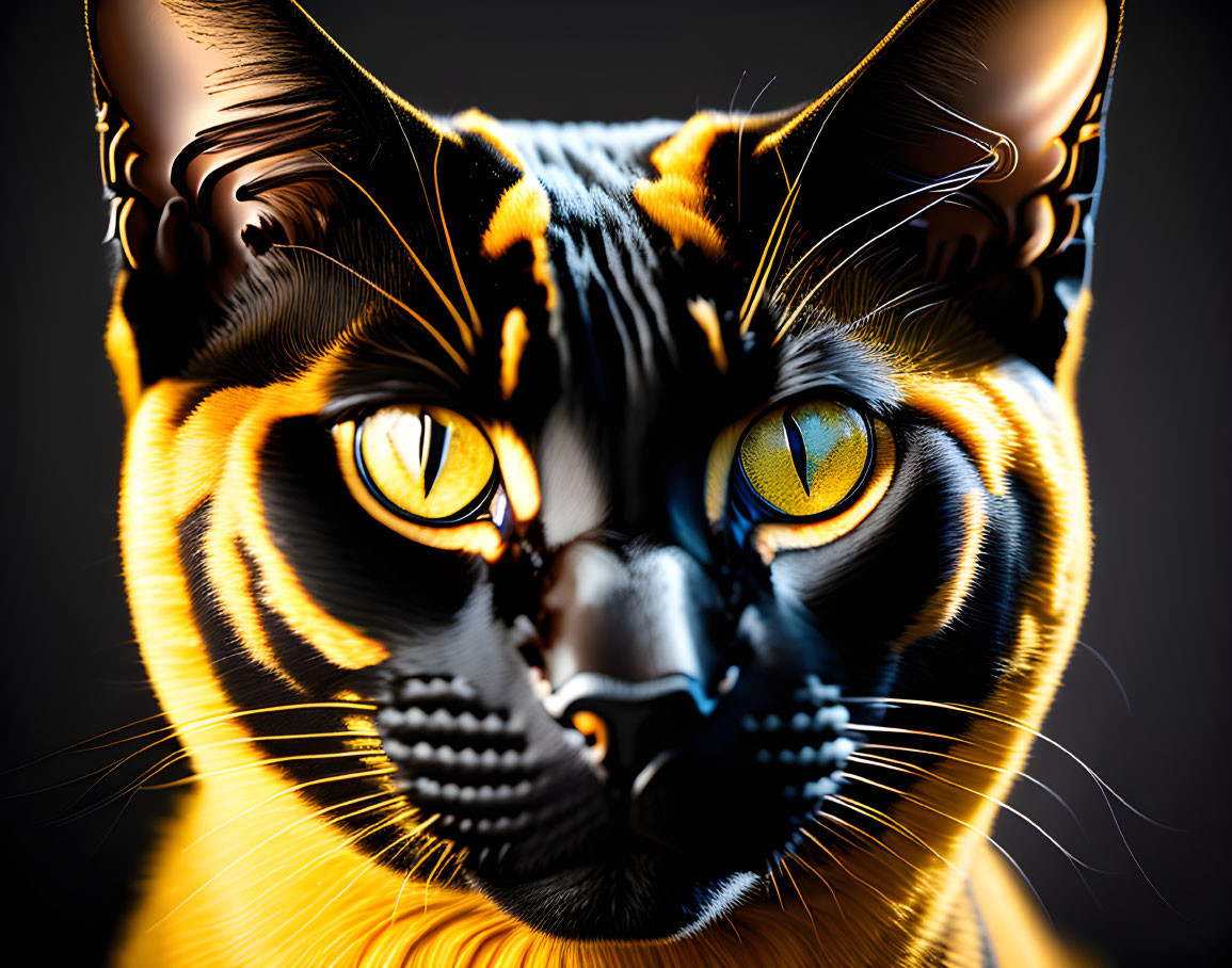 Detailed digital art: Stylized black cat with amber and blue eyes, adorned with fiery orange flames