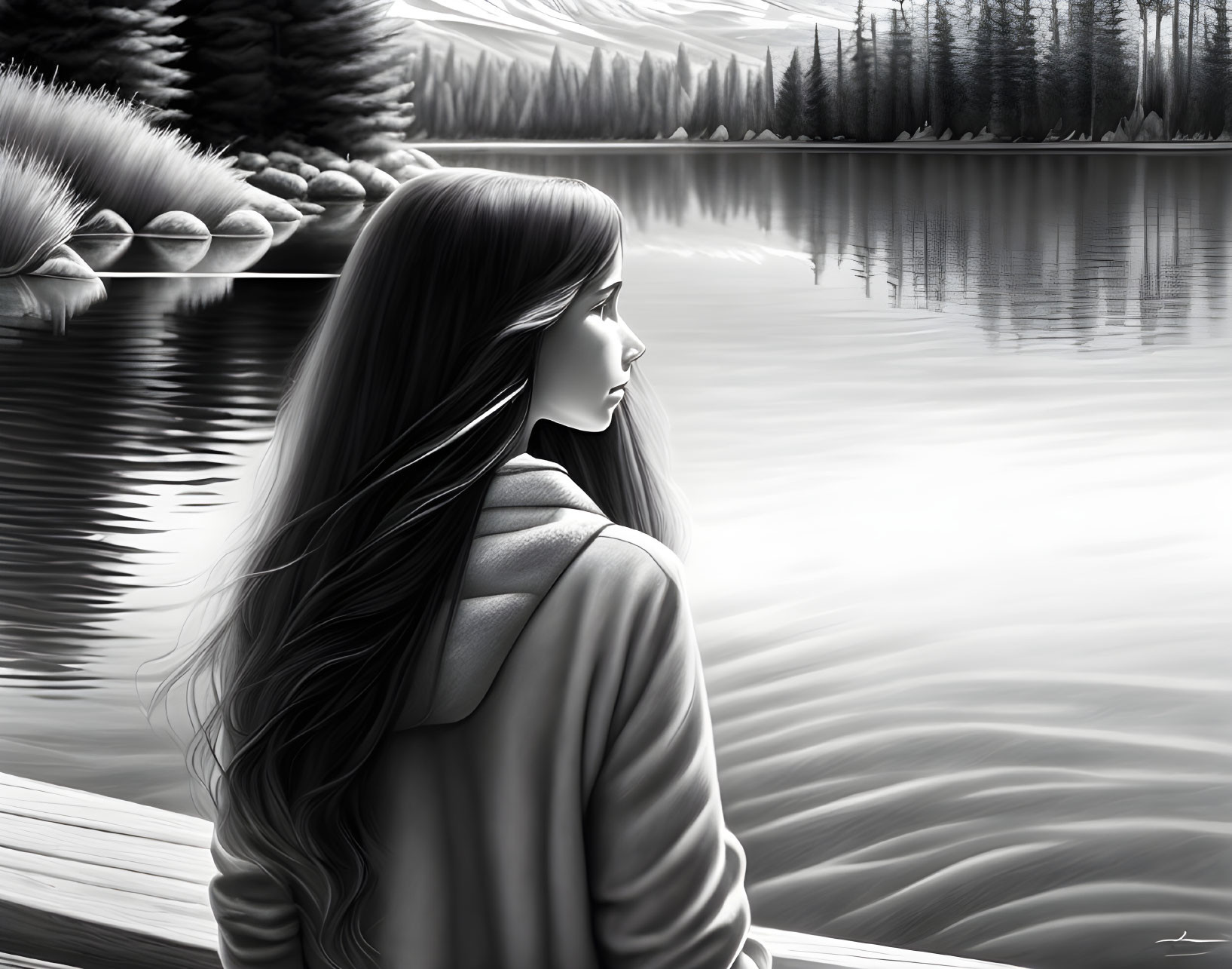 Monochrome image: woman by serene lake, conifer forest, distant mountains