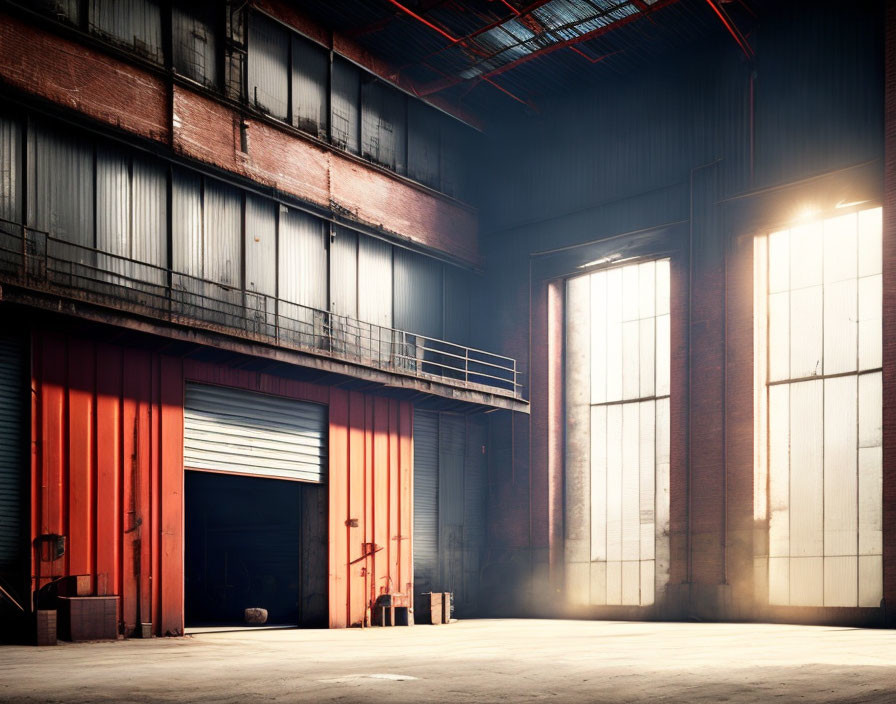 Sunlit industrial warehouse with high ceilings & mezzanine