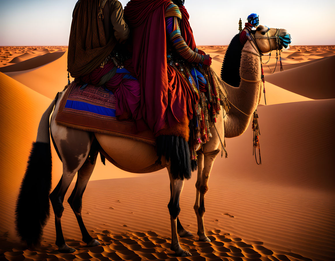 Traditional Attire Individuals Riding Camel in Desert Scene