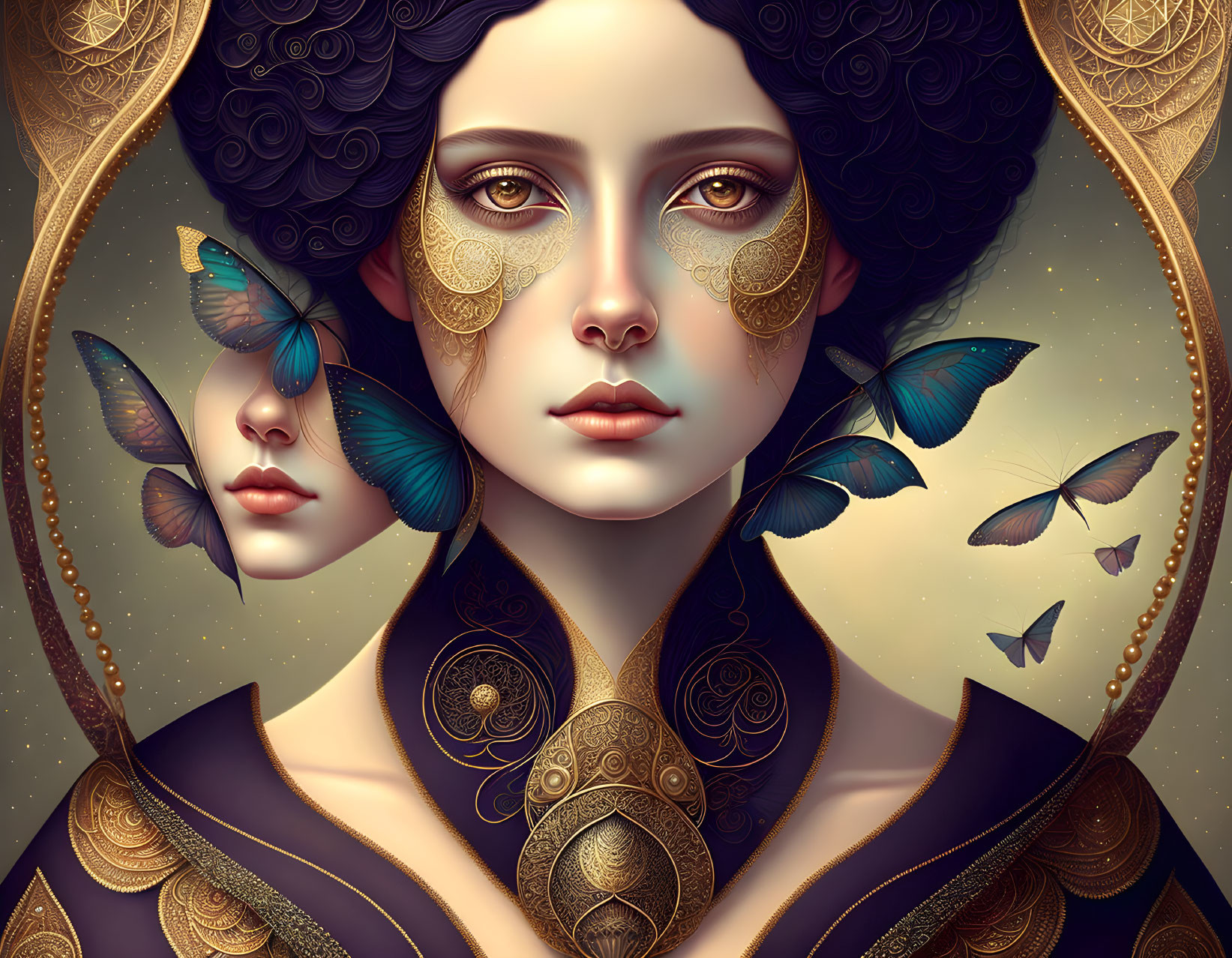 Portrait of Woman with Golden Accents, Blue Butterflies, and Ornate Background