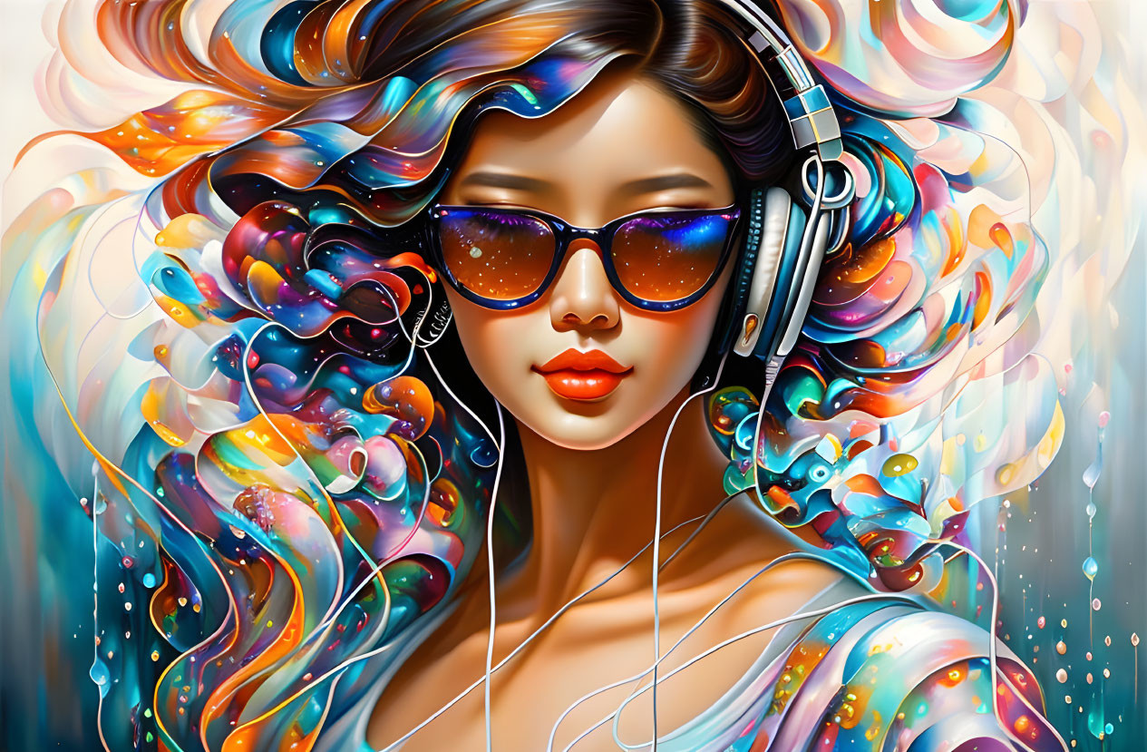 Colorful Hair Woman with Headphones and Sunglasses Illustration