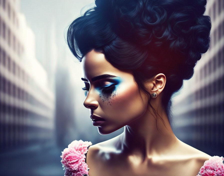 Elaborate Updo and Striking Blue Eyeshadow Makeup Portrait