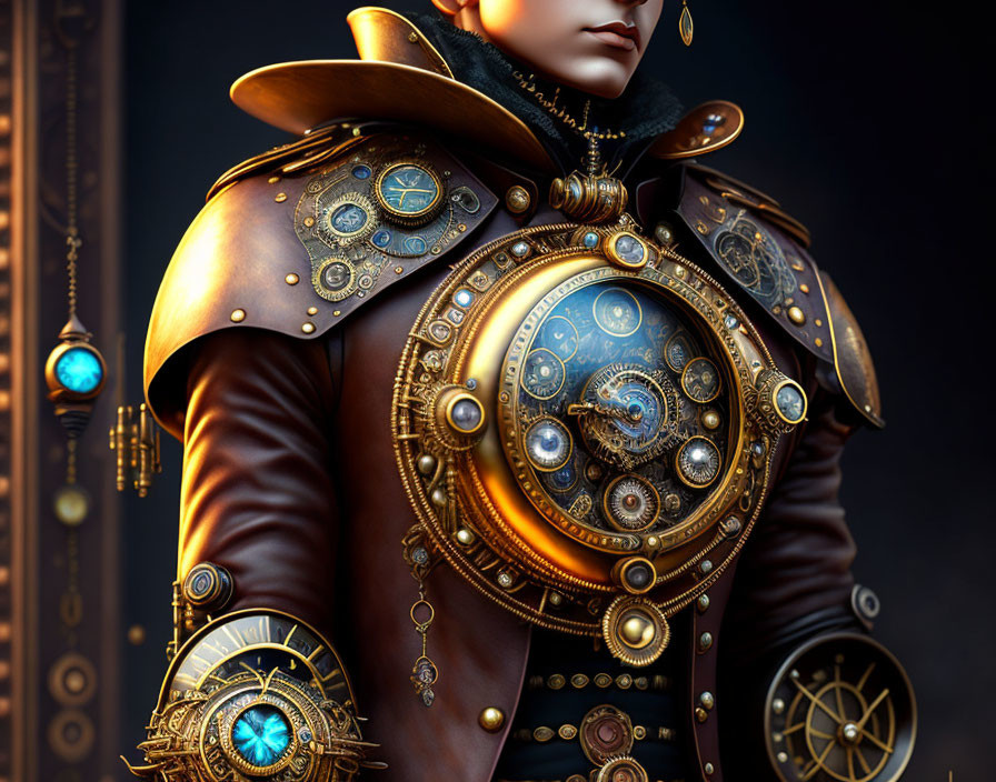 Steampunk character with clockwork armor and blue orbs