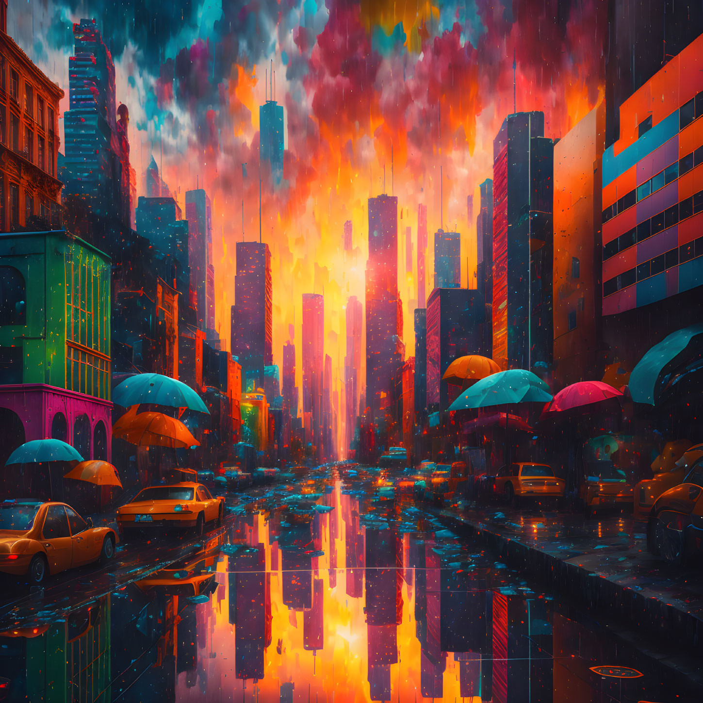 Colorful Umbrellas and Cityscape Reflecting on Wet Streets