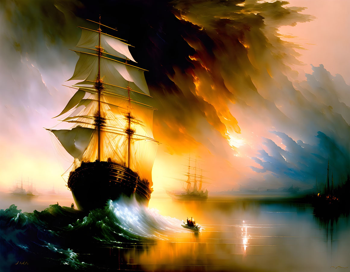 Sailing ship on calm waters at sunset with fiery sky