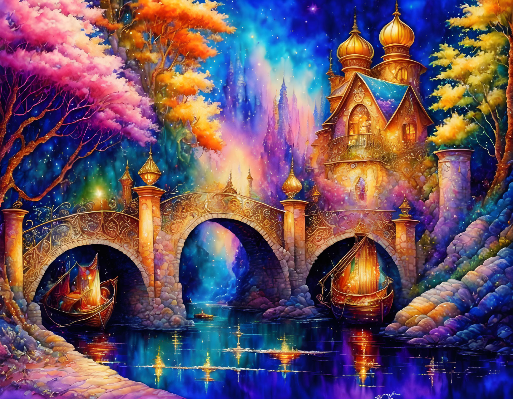 Fantasy painting of castle with golden domes, stone bridge, boats, colorful trees, starry