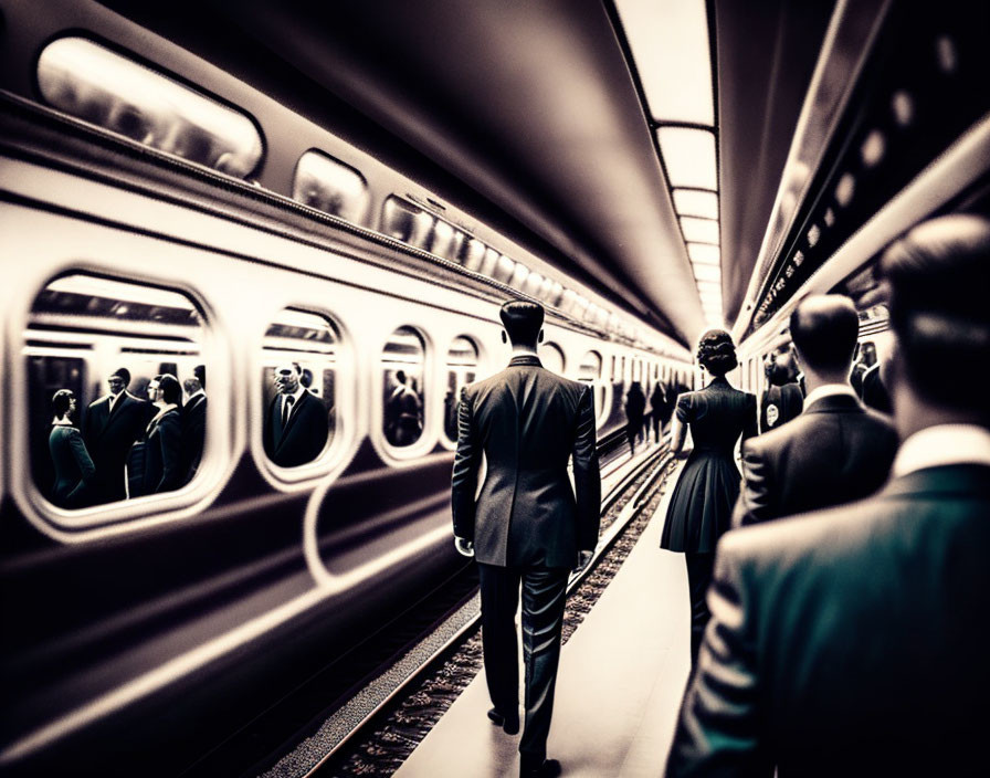 Passengers in vintage clothing on sepia-toned train platform