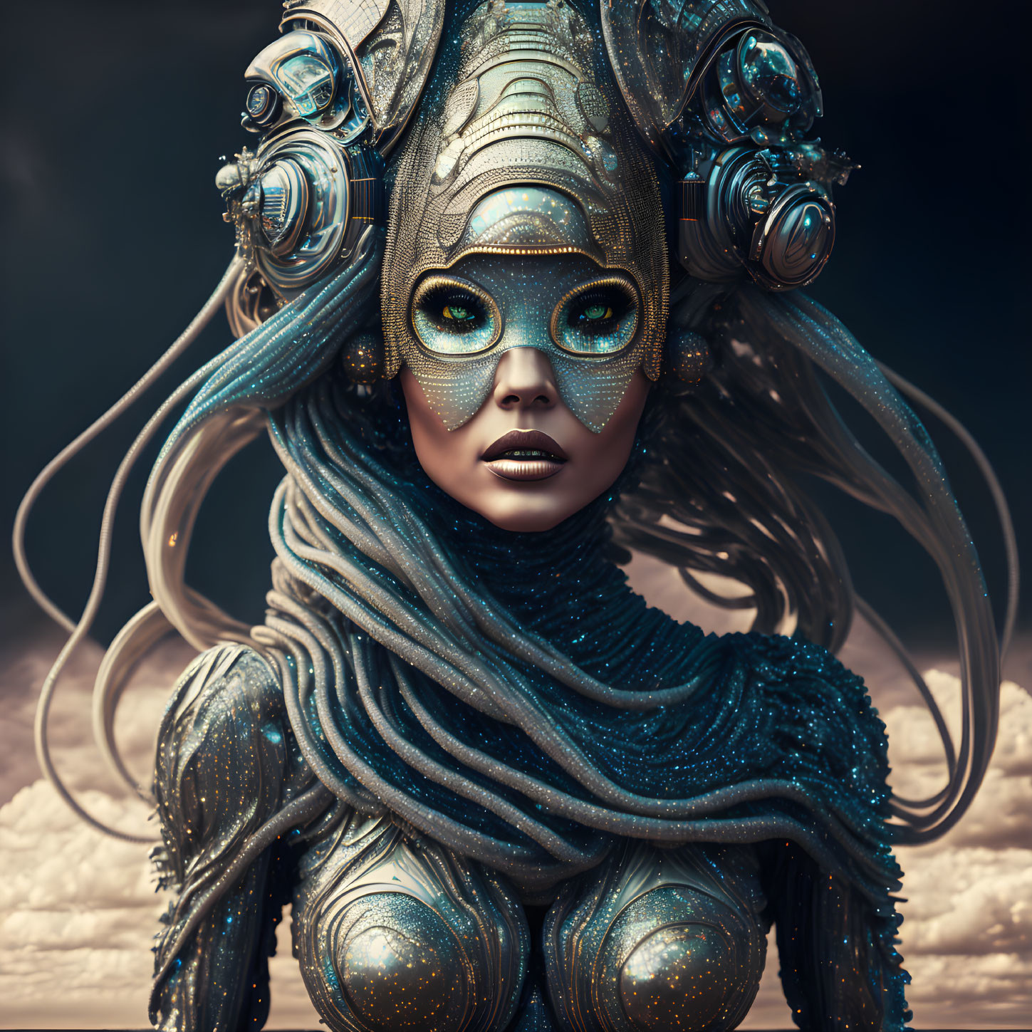 Futuristic female figure with ornate metallic headgear and shimmering blue attire