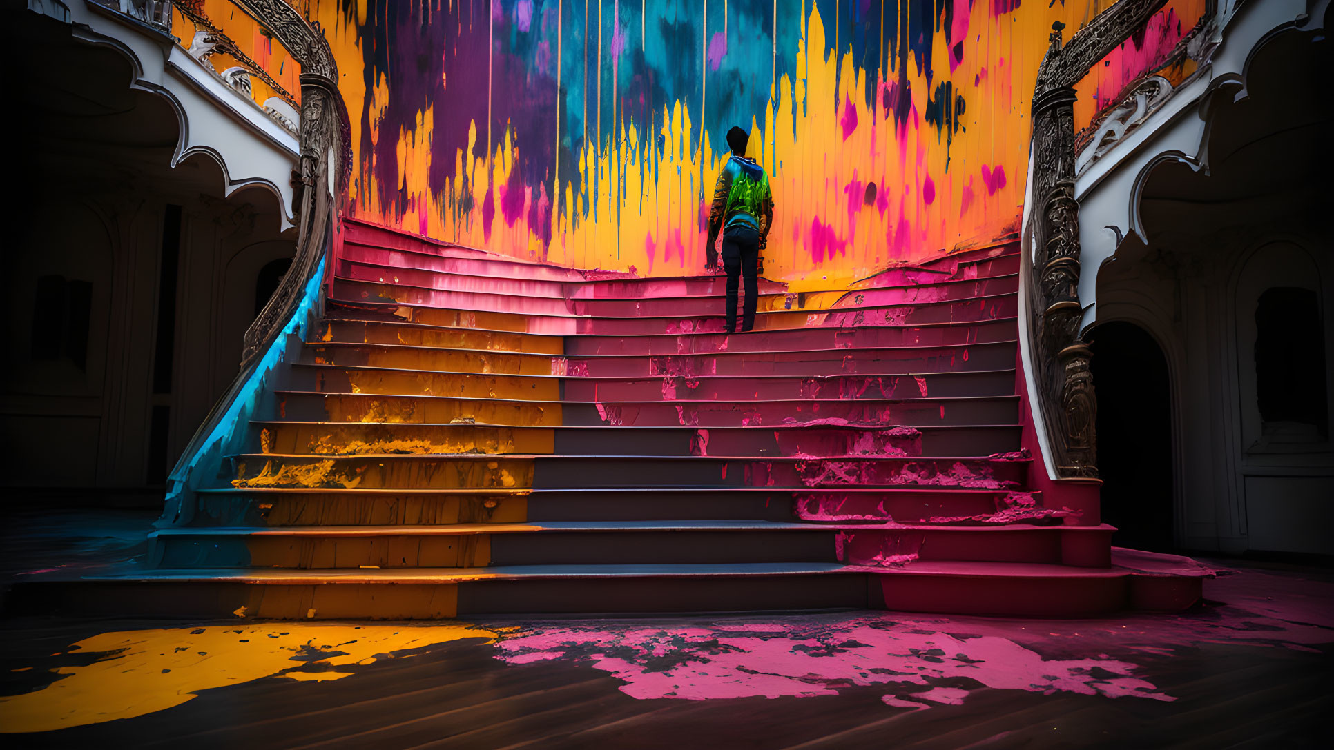 Vibrant dripping paint contrasts elegant white staircase