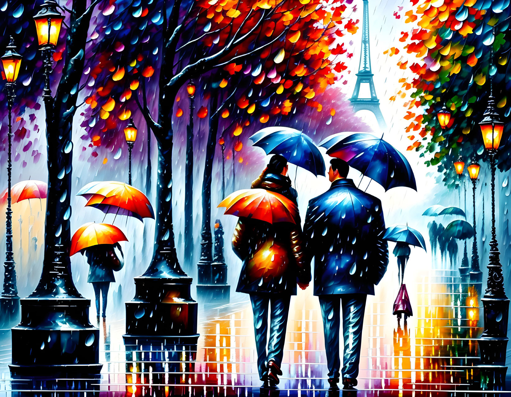 Vibrant painting of couple with umbrellas in Paris rain