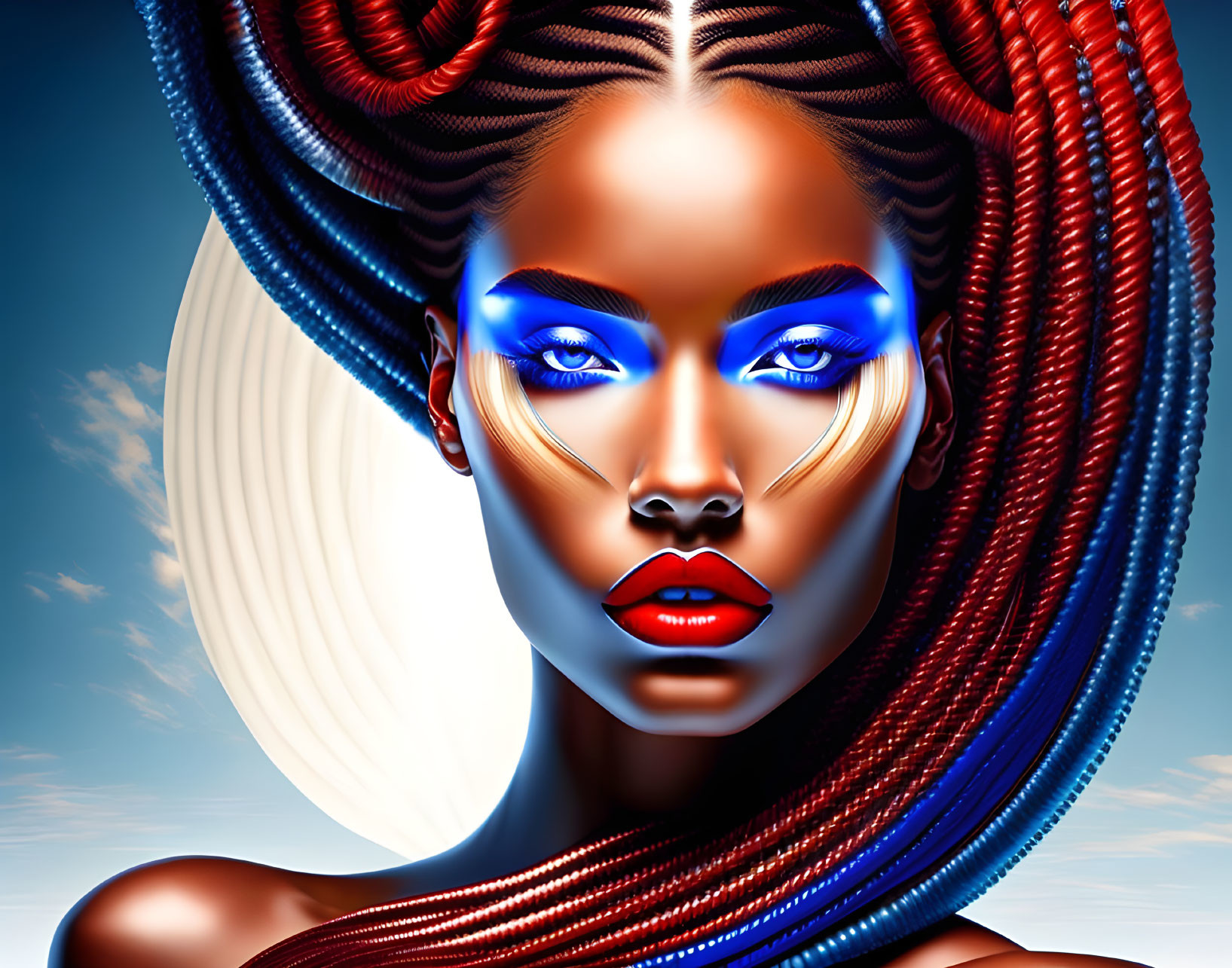 Digital art: Woman with blue eye makeup, red lips, red & black braided hair under moon