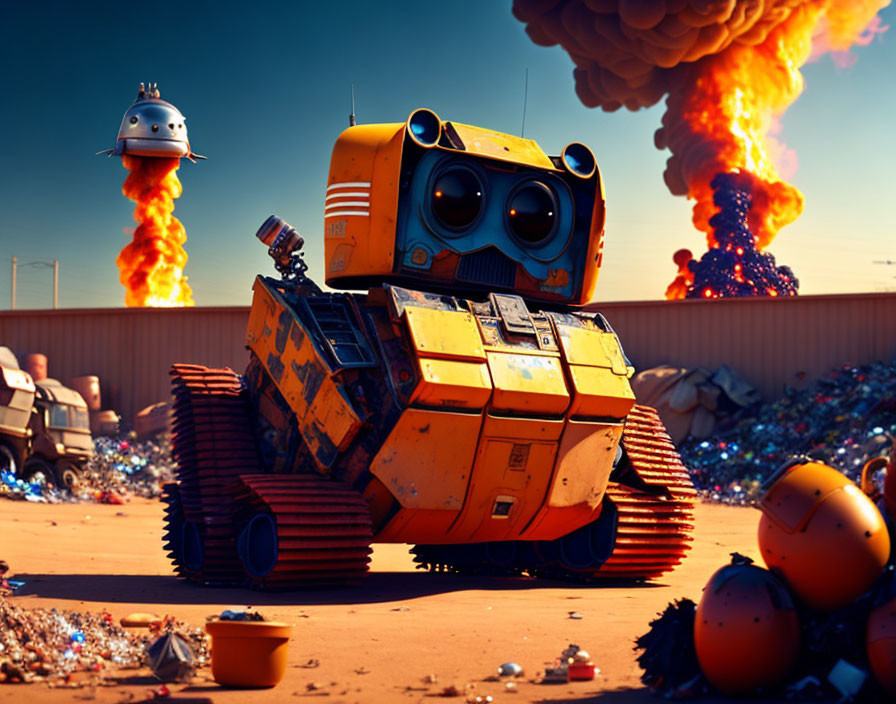 Small robot on larger waste-collecting robot in scrapyard with explosions