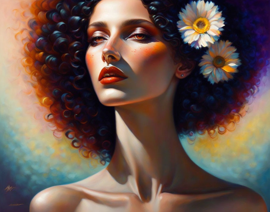 Digital painting of woman with curly hair and daisies in warm tones