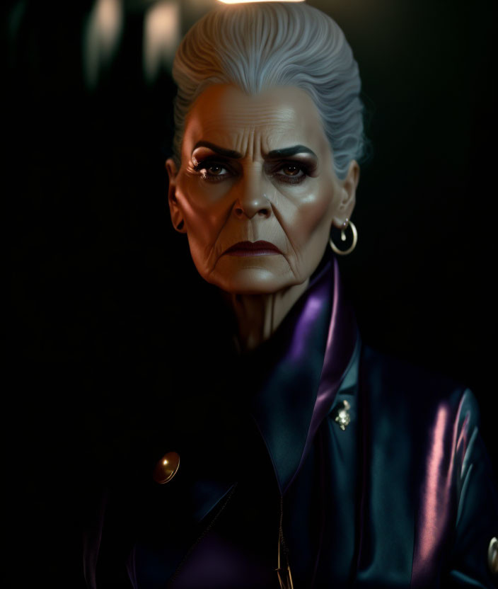 Stylized portrait of an elderly woman with sharp features and grey hair