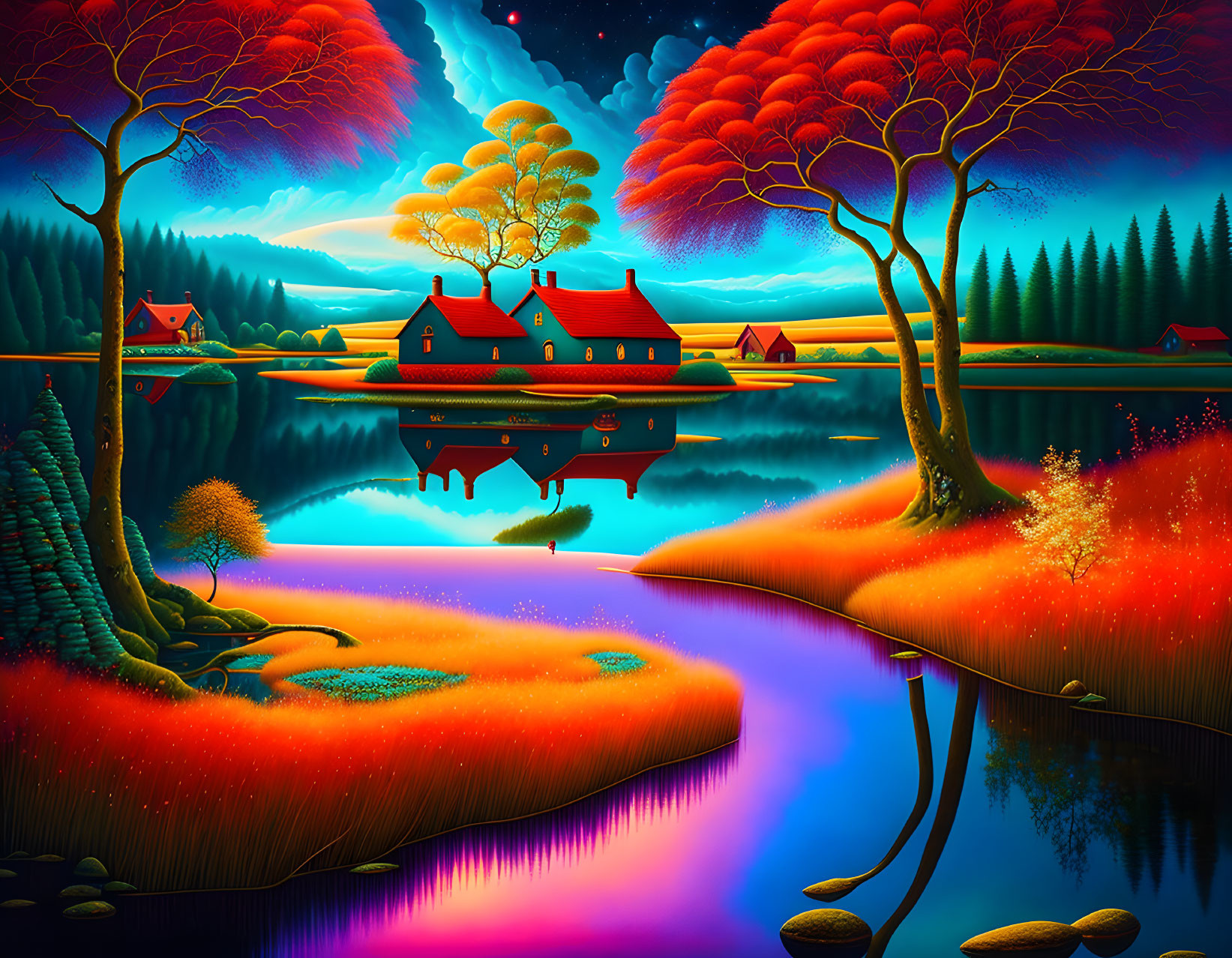 Scenic landscape with red foliage, calm lake, cozy houses, starry sky, and path by