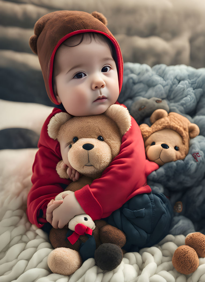 Contemplative Baby in Bear Hoodie with Teddy Bears on Knitted Blanket