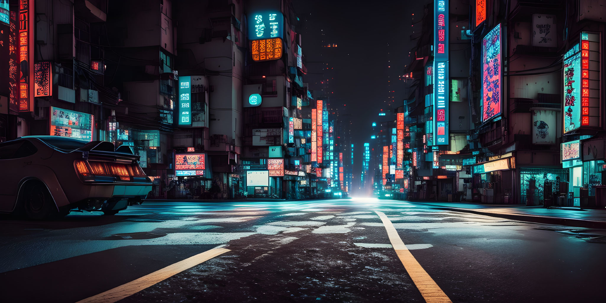 Urban night scene with neon lights and parked car