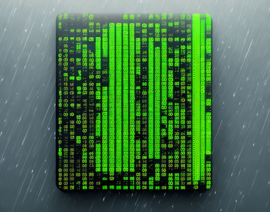 3D cube with green binary code on surface in rainy backdrop