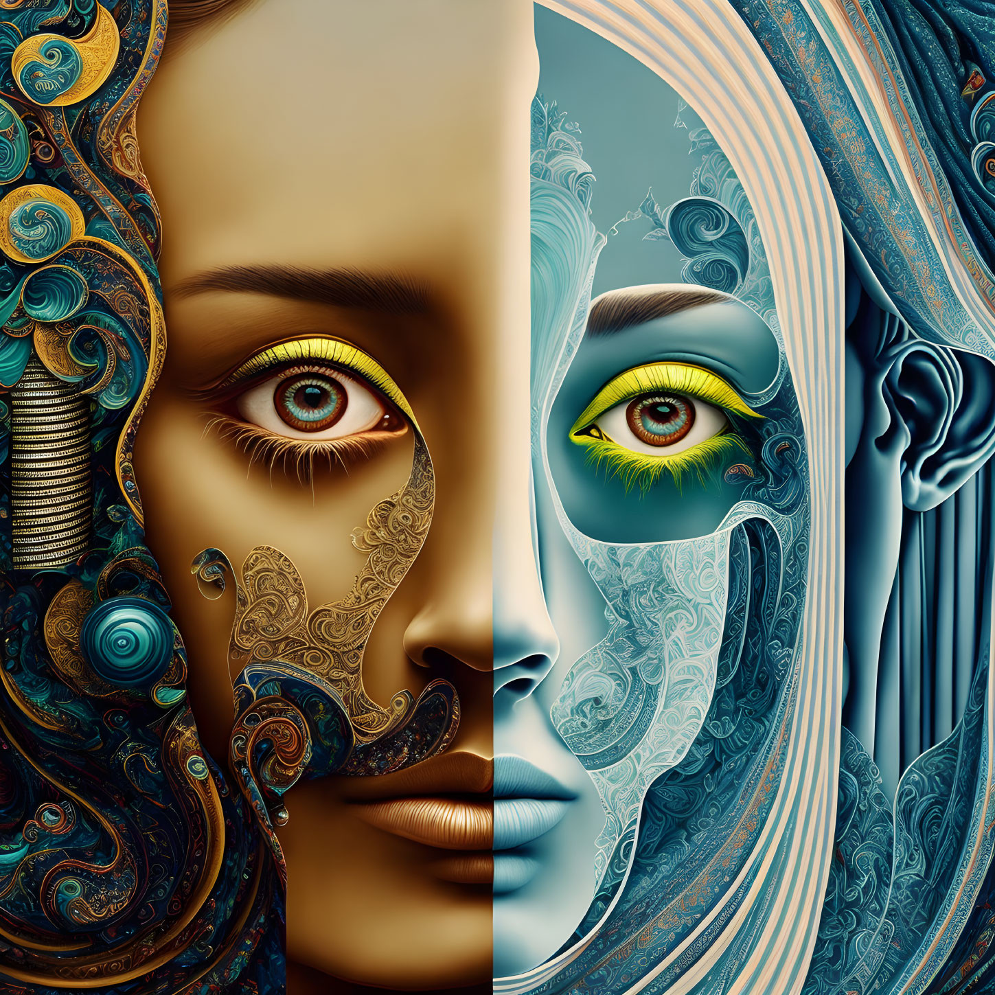 Symmetrical digital artwork: Intricate robotic faces in steampunk style