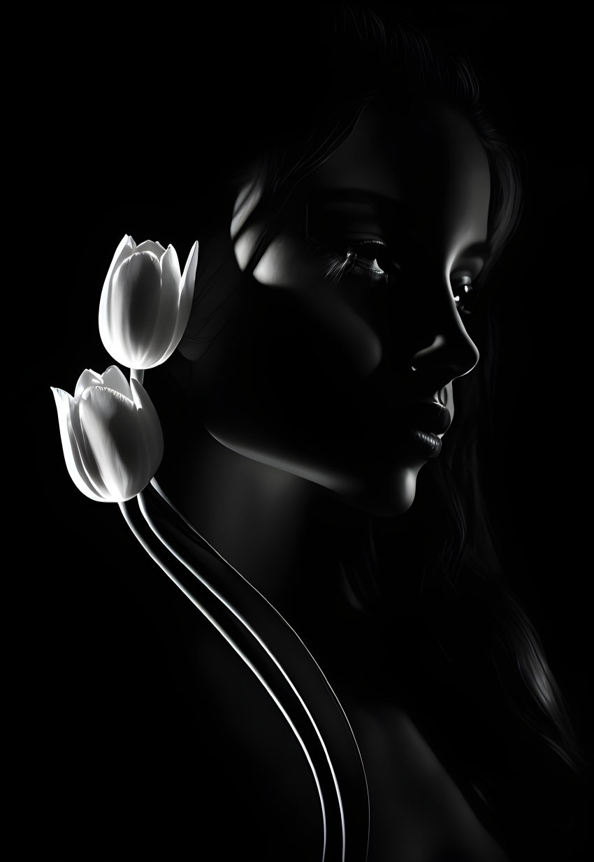 Monochrome artistic portrait of a woman with soft lighting and white tulip