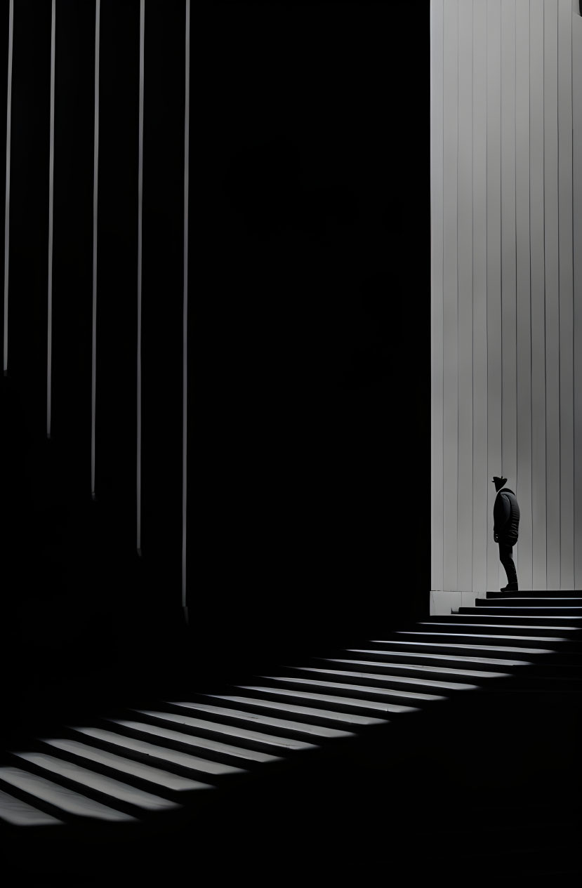 Silhouette of person against vertical lines in high-contrast scene